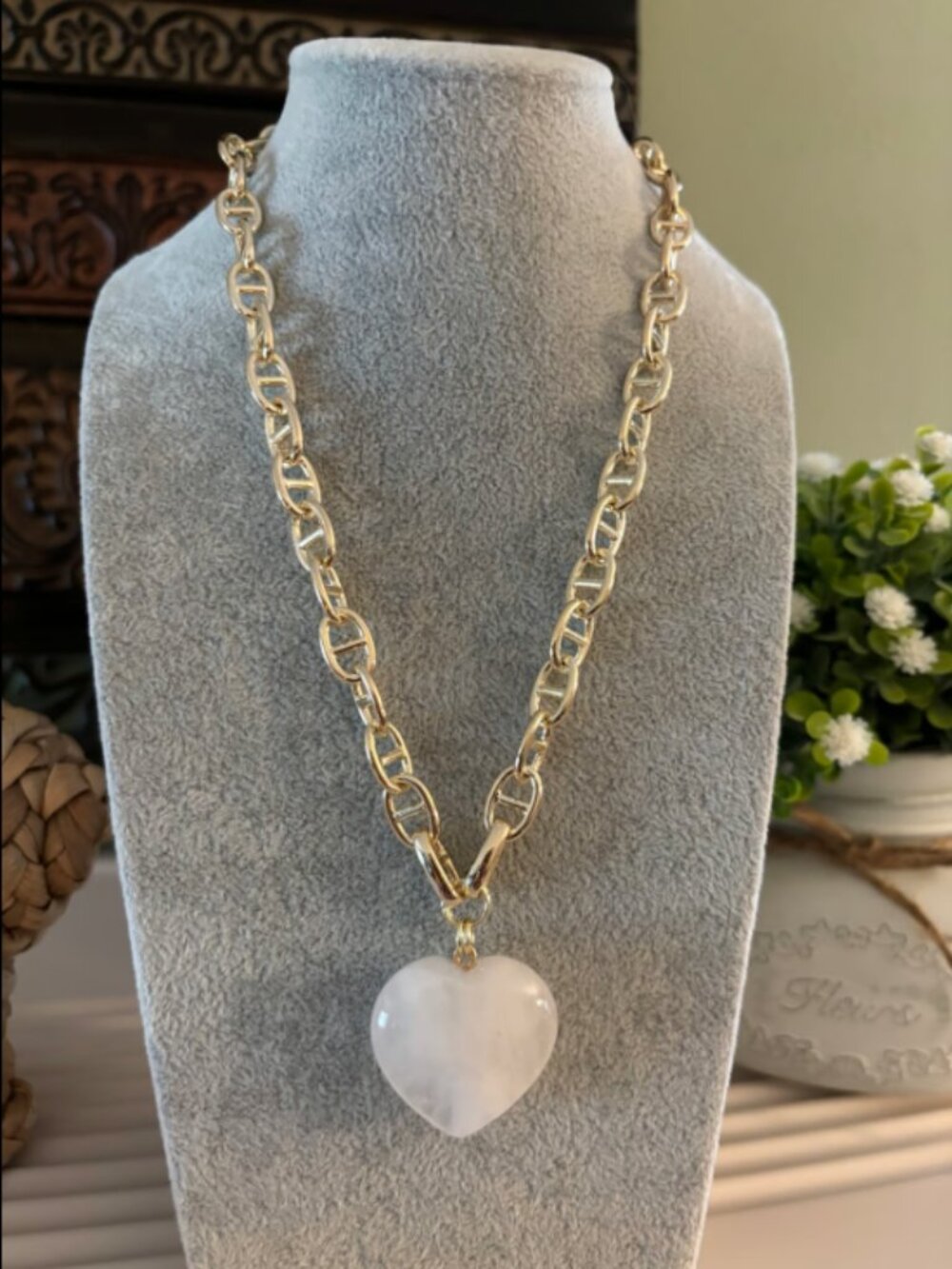 Pink marble heart gold plated necklace